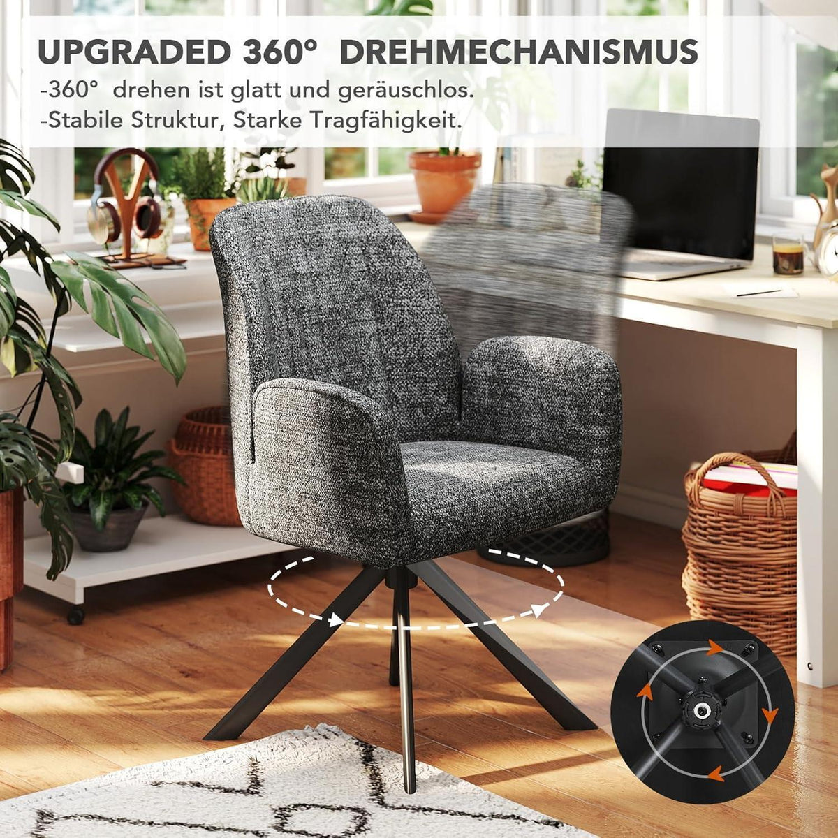 Drehbarer Esszimmerstuhl Set, Dunkelgrau, 6 Stück mit Chenille