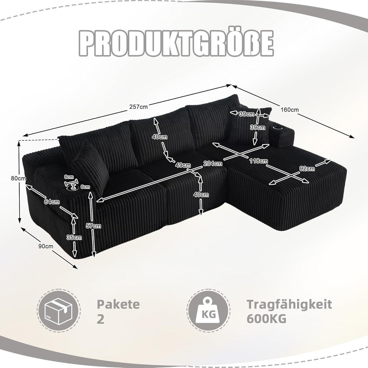 Cordo L-Form Sofa Schwarz – Eckcouch mit Getränkehaltern & Taschen
