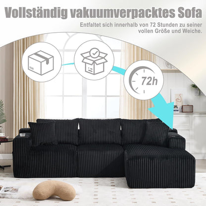 Cordo L-Form Sofa Schwarz – Eckcouch mit Getränkehaltern & Taschen