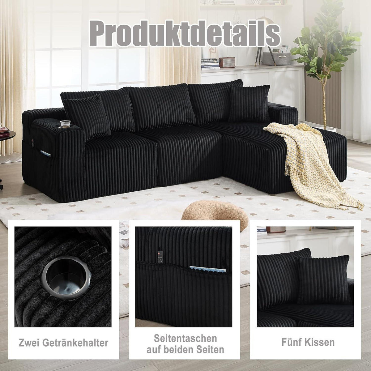 Cordo L-Form Sofa Schwarz – Eckcouch mit Getränkehaltern & Taschen