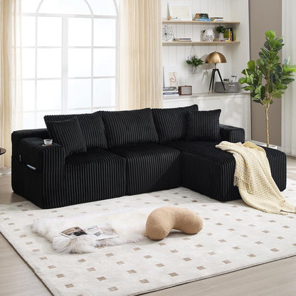 Cordo L-Form Sofa Schwarz – Eckcouch mit Getränkehaltern & Taschen