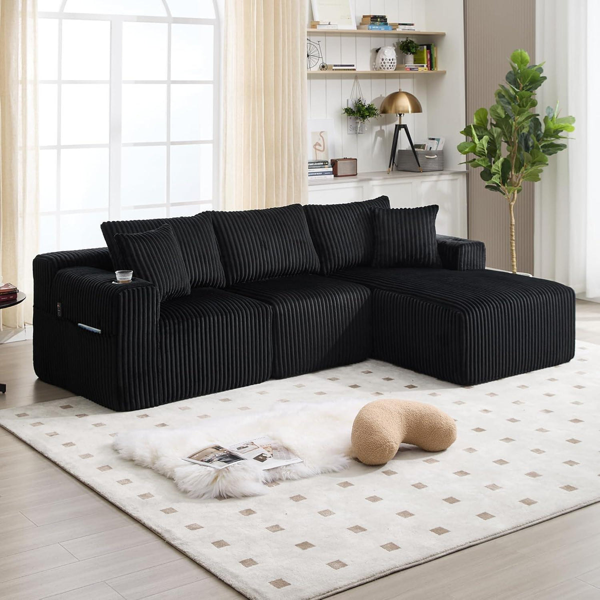 Cordo L-Form Sofa Schwarz – Eckcouch mit Getränkehaltern & Taschen