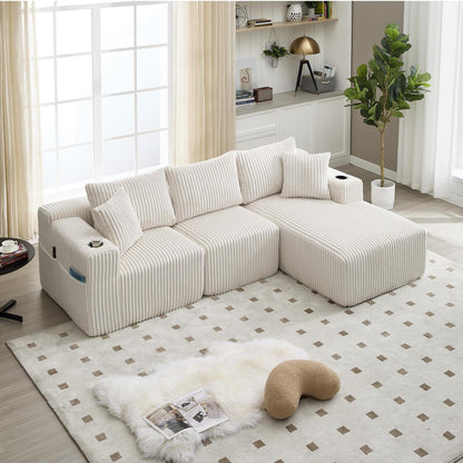 Cordo L-Form Sofa Beige – Eckcouch mit Getränkehaltern & Taschen