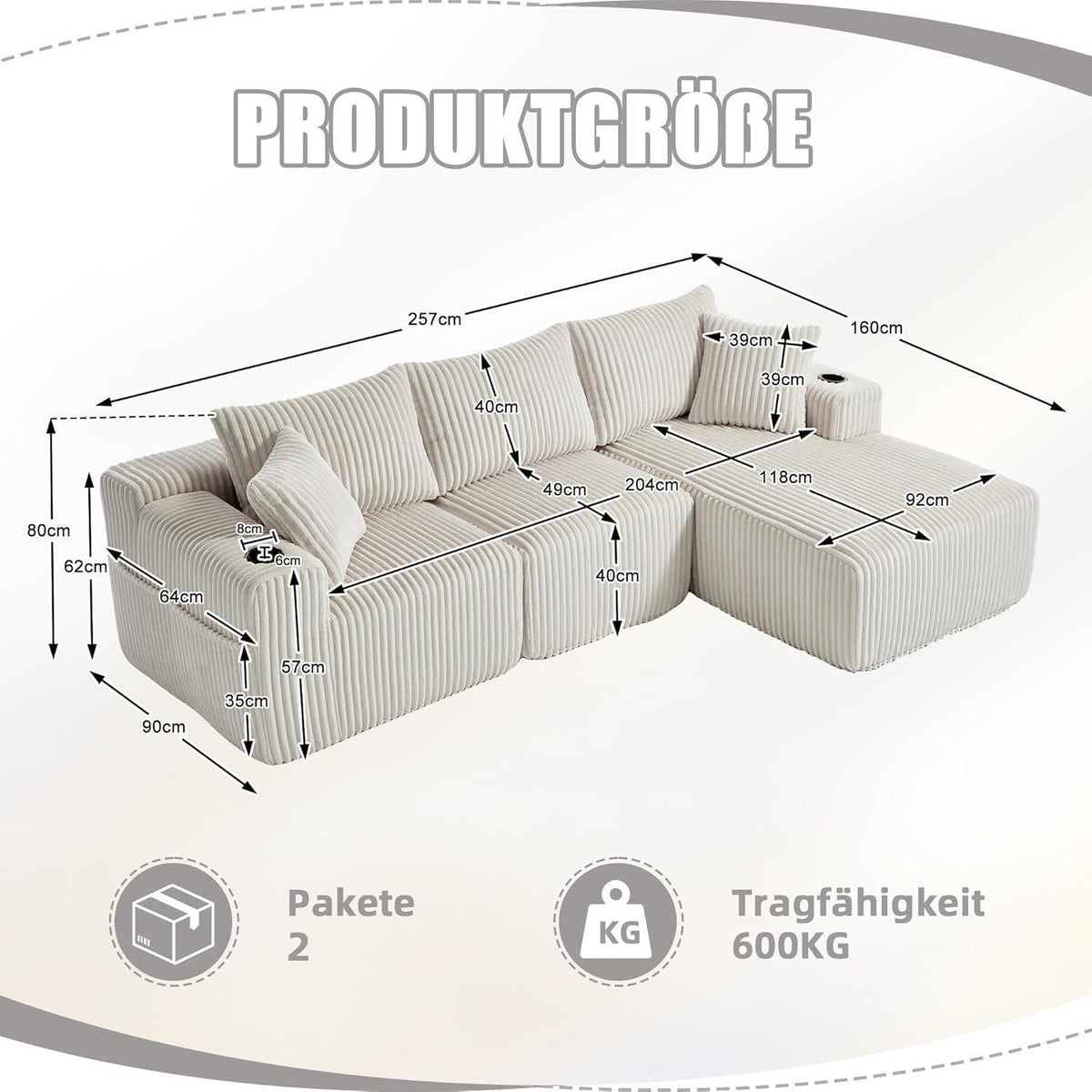 Cordo L-Form Sofa Beige – Eckcouch mit Getränkehaltern & Taschen