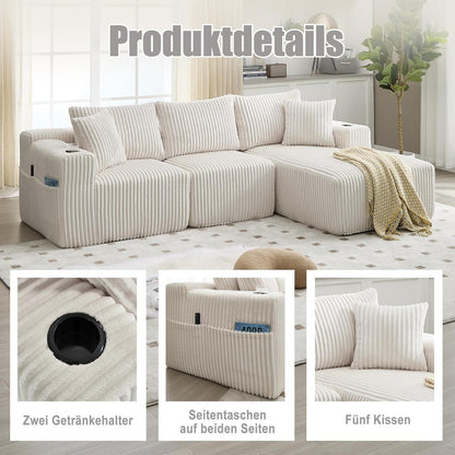 Cordo L-Form Sofa Beige – Eckcouch mit Getränkehaltern & Taschen