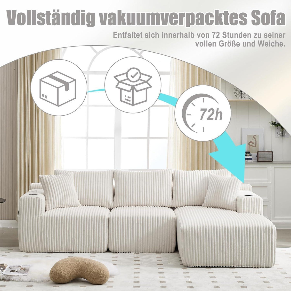 Cordo L-Form Sofa Beige – Eckcouch mit Getränkehaltern & Taschen