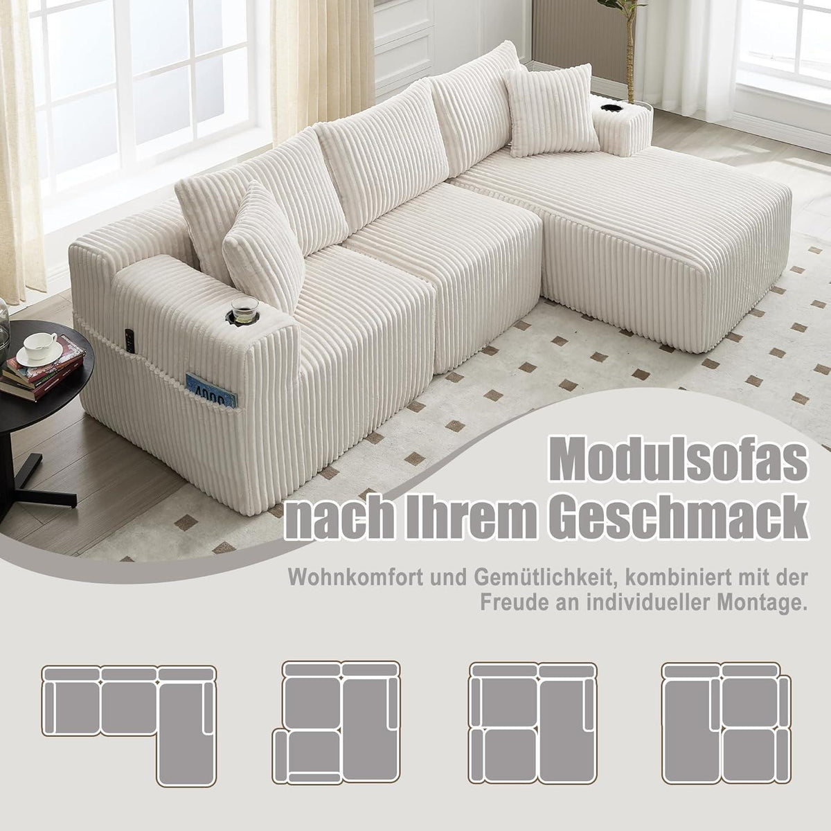 Cordo L-Form Sofa Beige – Eckcouch mit Getränkehaltern & Taschen