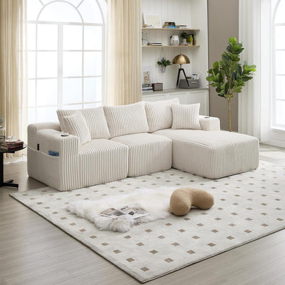 Cordo L-Form Sofa Beige – Eckcouch mit Getränkehaltern & Taschen