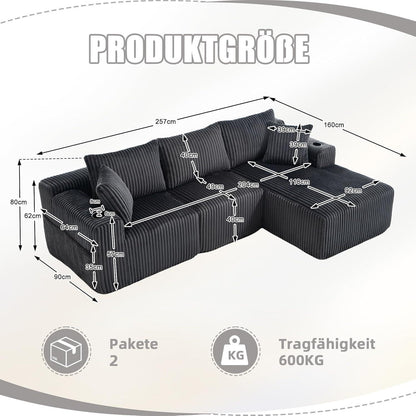 Cordo L-Form Sofa Grau – Eckcouch mit Getränkehaltern & Taschen