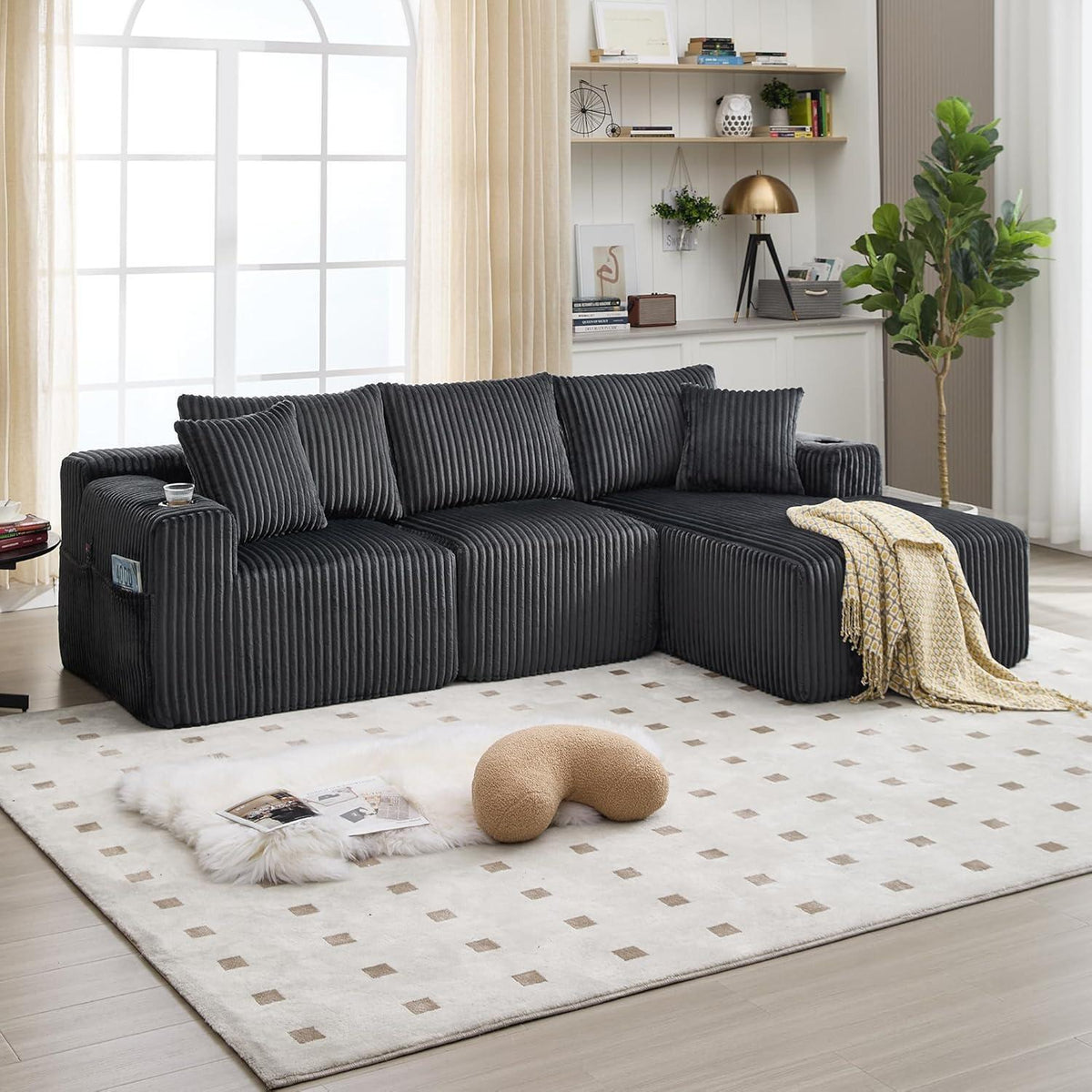 Cordo L-Form Sofa Grau – Eckcouch mit Getränkehaltern & Taschen
