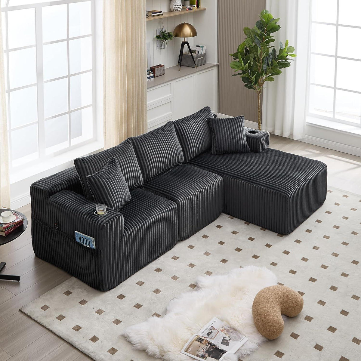 Cordo L-Form Sofa Grau – Eckcouch mit Getränkehaltern & Taschen