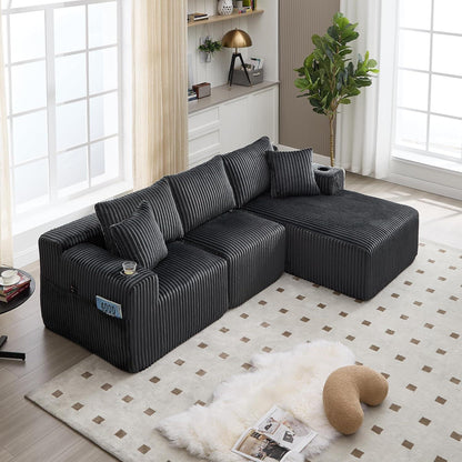 Cordo L-Form Sofa Grau – Eckcouch mit Getränkehaltern & Taschen