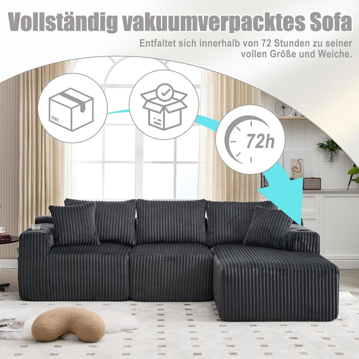 Cordo L-Form Sofa Grau – Eckcouch mit Getränkehaltern & Taschen