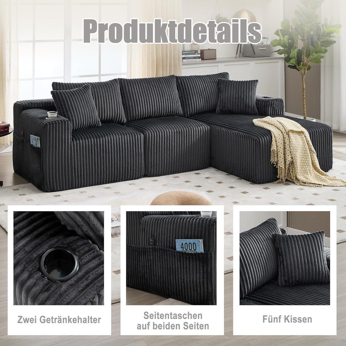 Cordo L-Form Sofa Grau – Eckcouch mit Getränkehaltern & Taschen