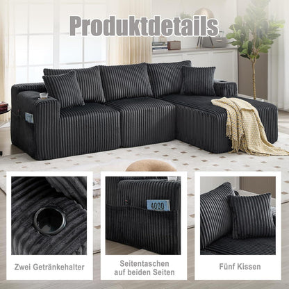 Cordo L-Form Sofa Grau – Eckcouch mit Getränkehaltern & Taschen
