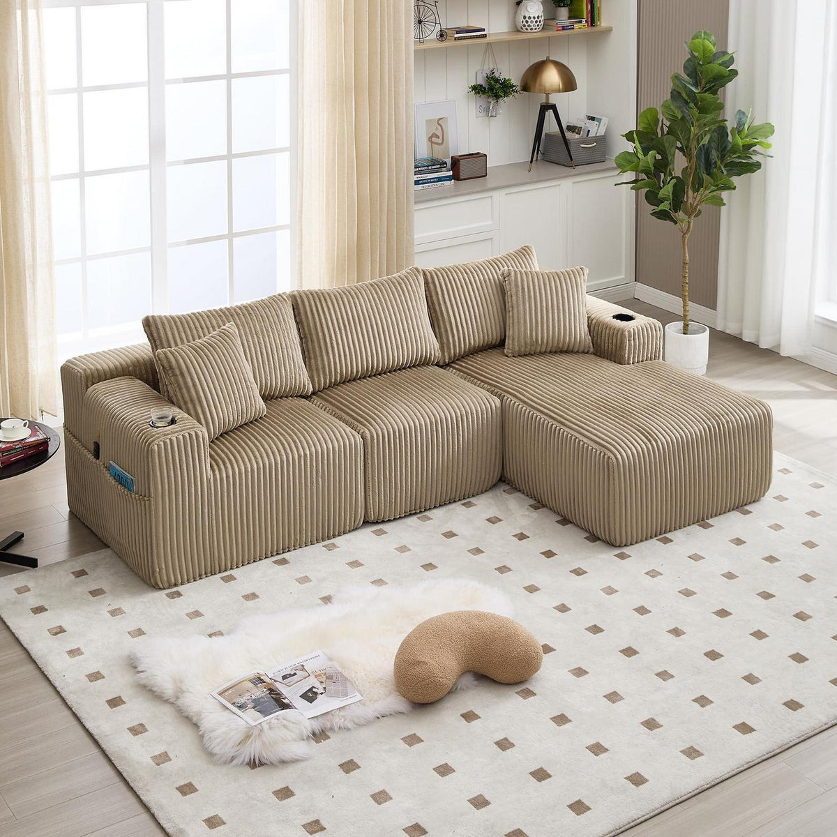 Cordo L-Form Sofa Khaki – Eckcouch mit Getränkehaltern & Taschen