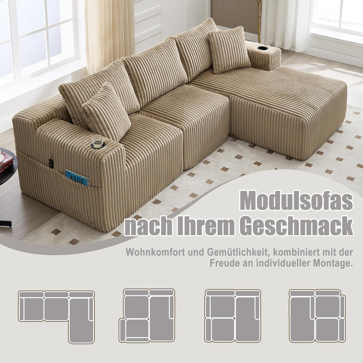 Cordo L-Form Sofa Khaki – Eckcouch mit Getränkehaltern & Taschen