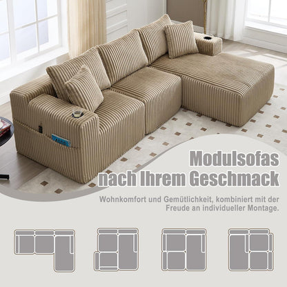 Cordo L-Form Sofa Khaki – Eckcouch mit Getränkehaltern & Taschen