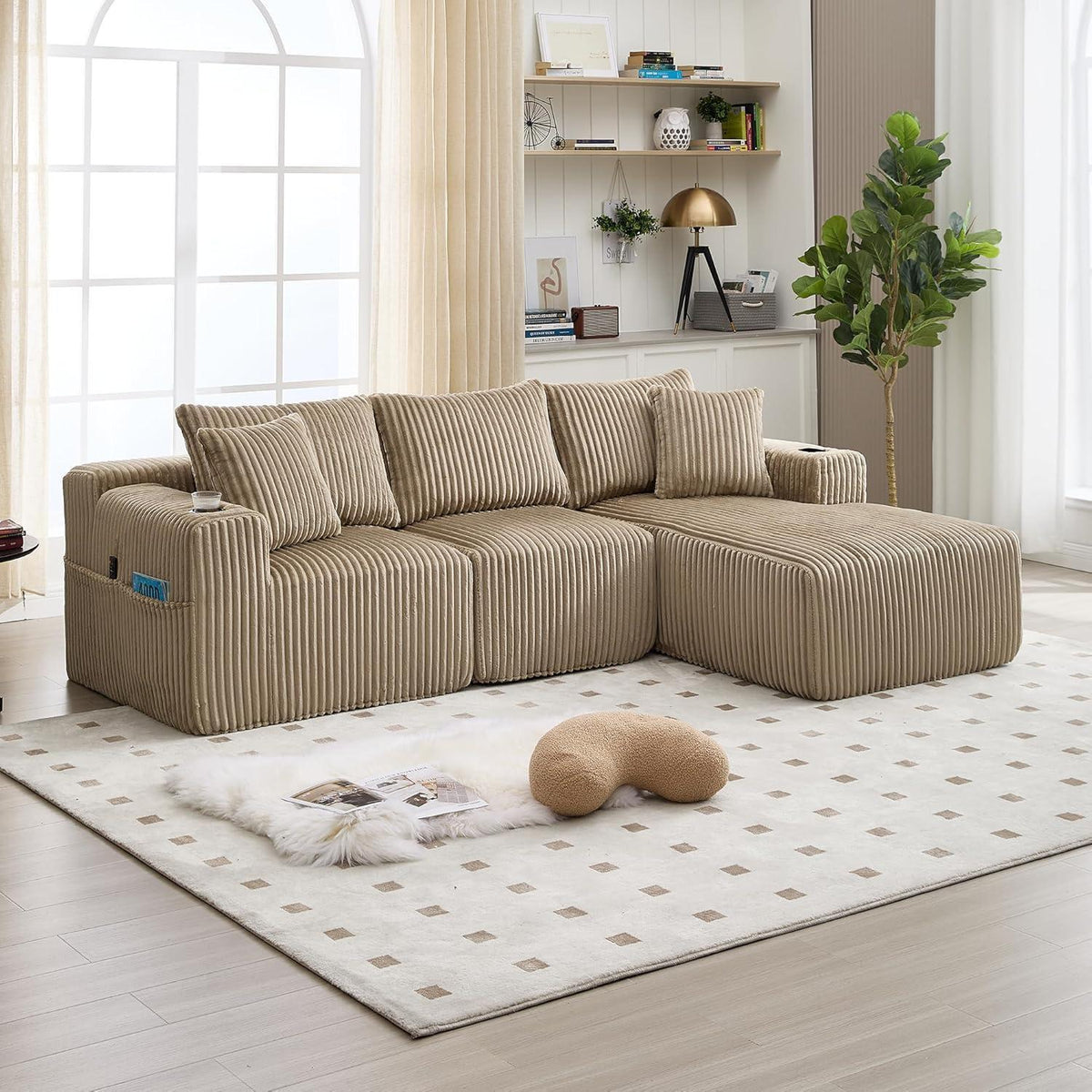 Cordo L-Form Sofa Khaki – Eckcouch mit Getränkehaltern & Taschen