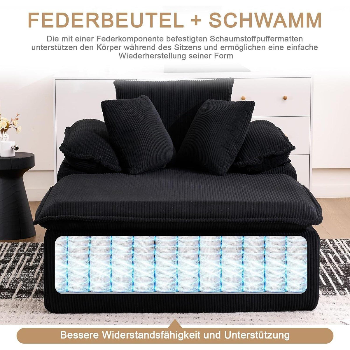 Modernes Cord Schlafsofa mit Memory-Schaum – Schwarz