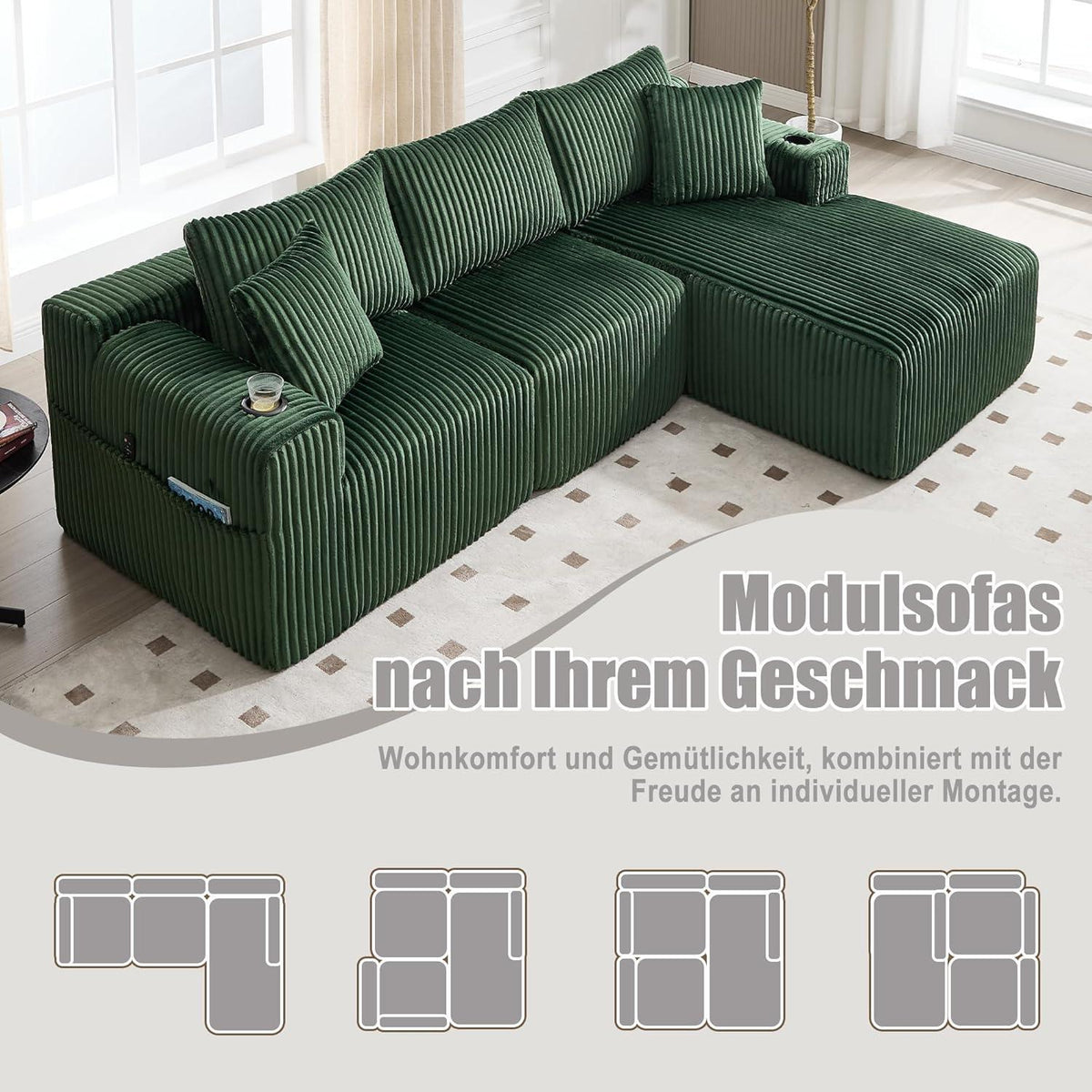 Cordo Ecksofa L-Form Smaragdgrün – Komfortabel & Vielseitig
