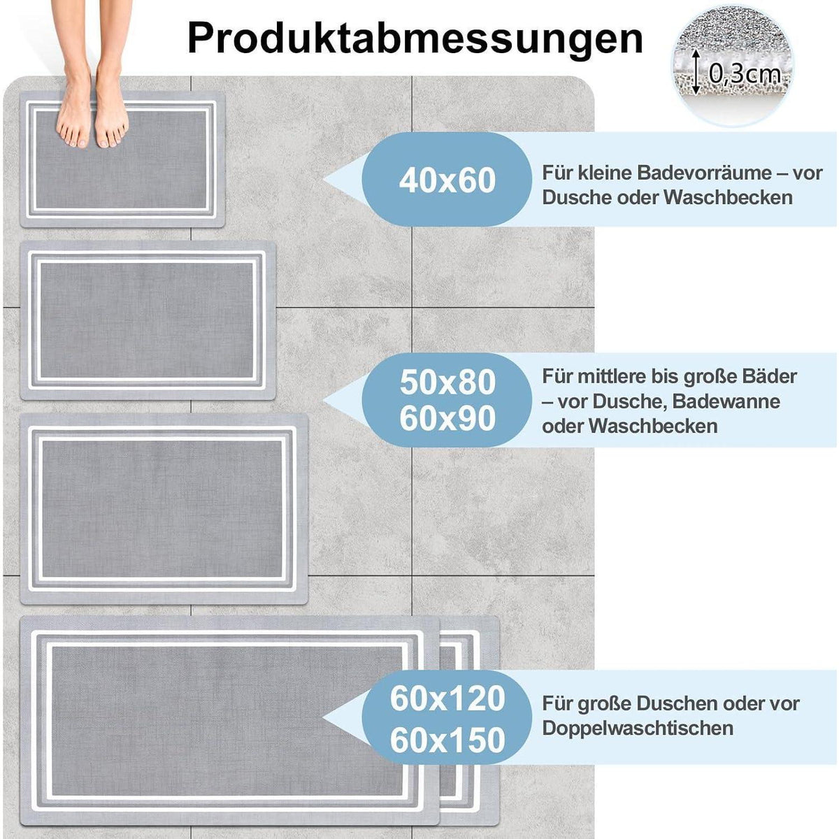 Rutschfeste Badematte Hellgrau 50x80 cm – Schnelltrocknend & Pflegeleicht