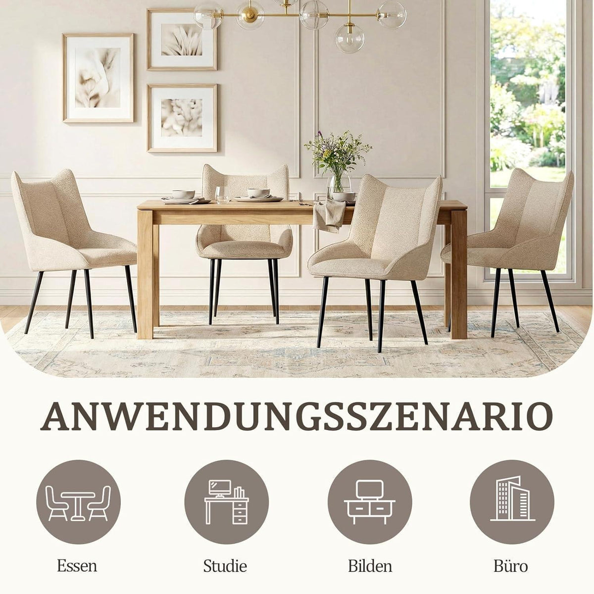 Moderner Esszimmerstuhl Set Creme – Samt, verstellbare Füße
