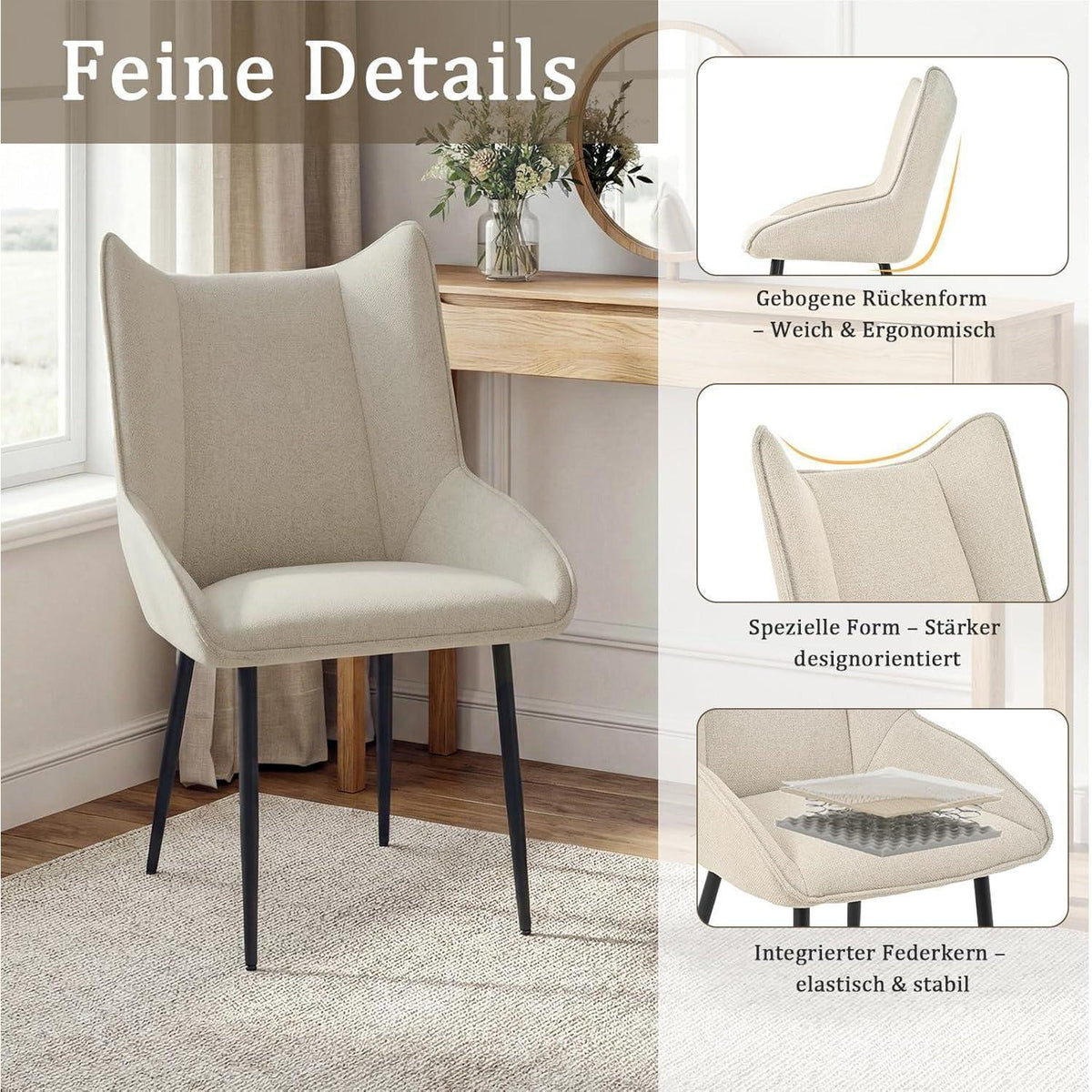 Moderner Esszimmerstuhl Beige – Komfortabler Küchenstuhl mit Leinen-Polyester-Mix