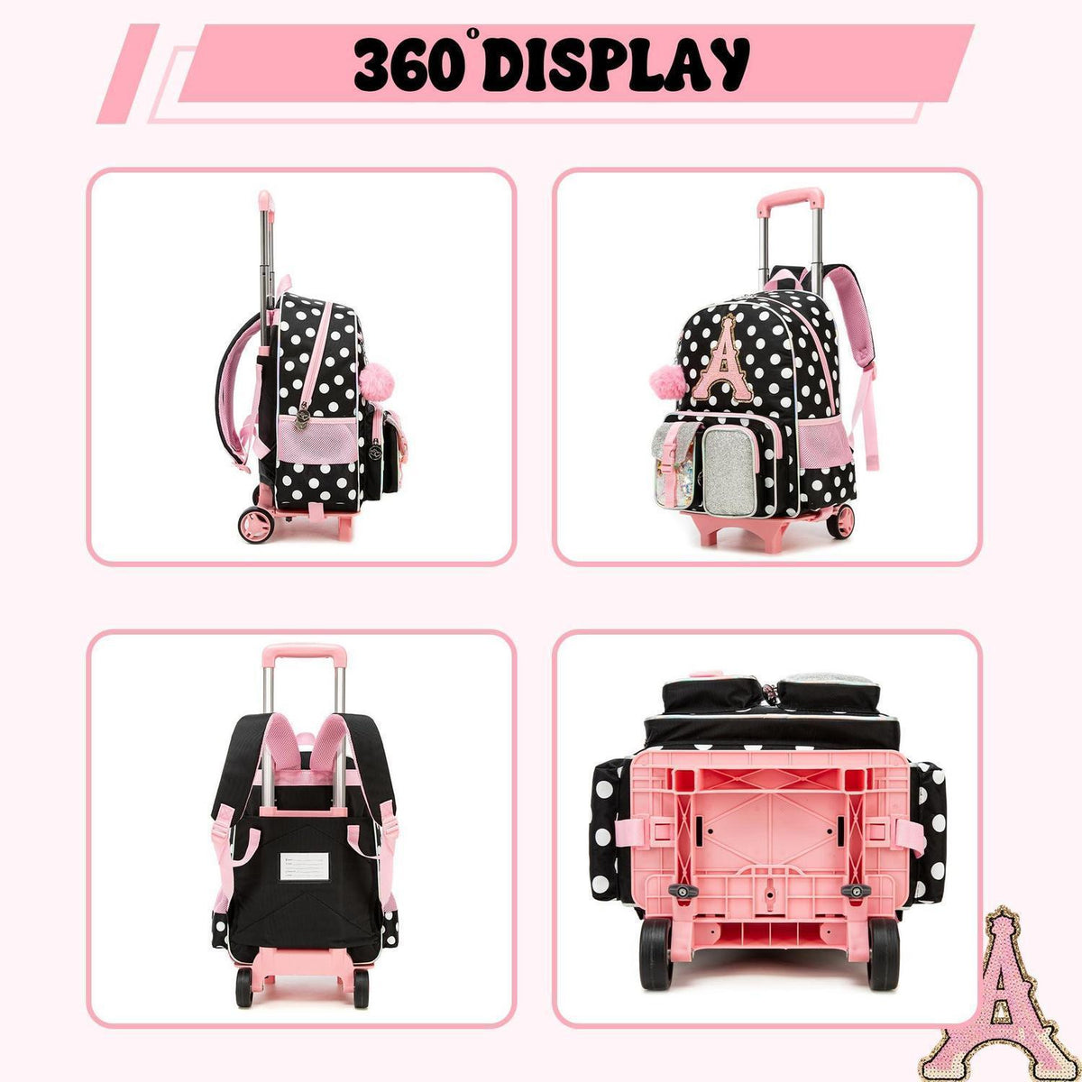 Schulranzen mit Rollen für Mädchen – Trolley Set mit Lunchtasche & Federmäppchen