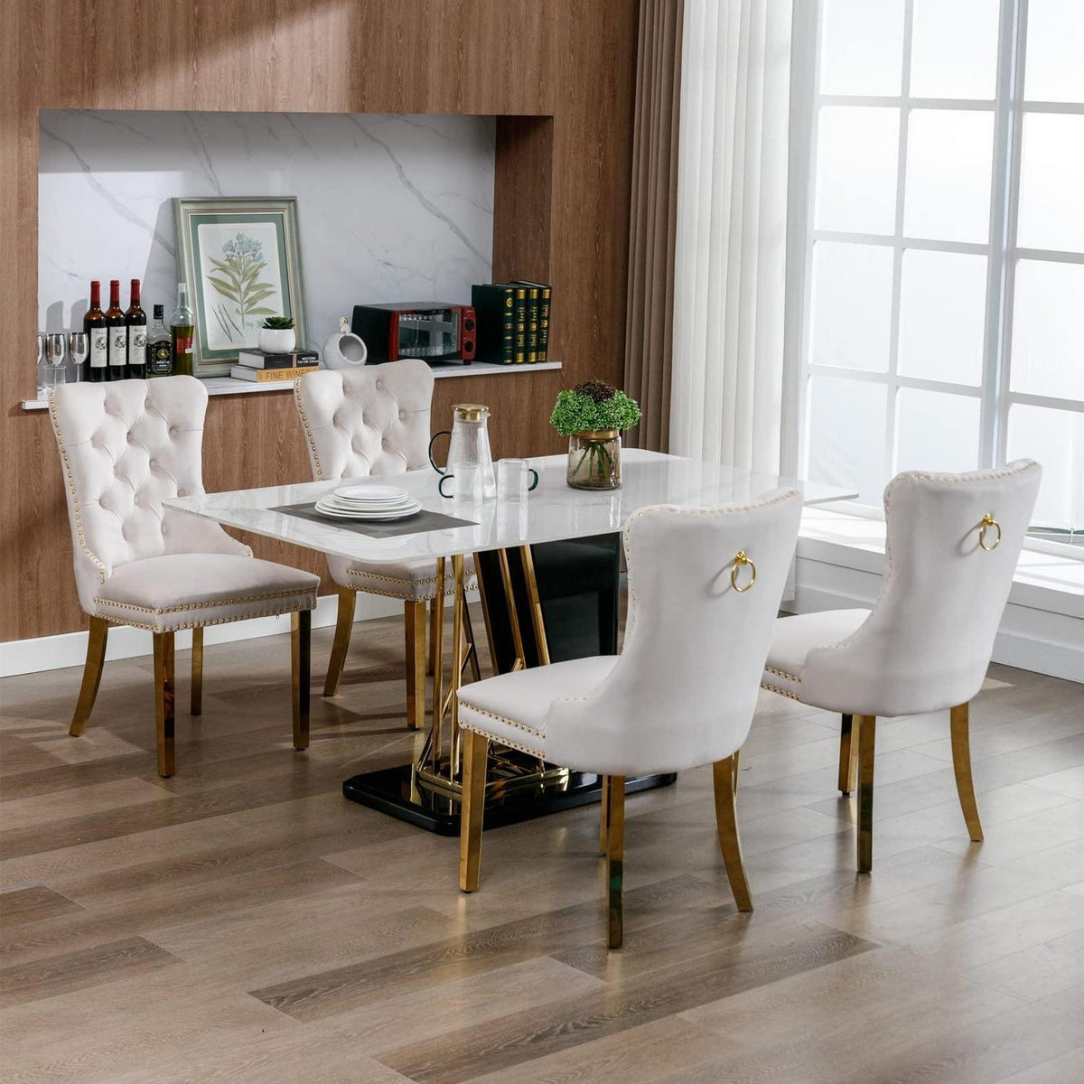 Esszimmerstühle Set 4er – Samt, Beige & Gold, Hochlehne