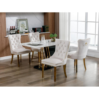 Esszimmerstühle Set 4er – Samt, Beige & Gold, Hochlehne