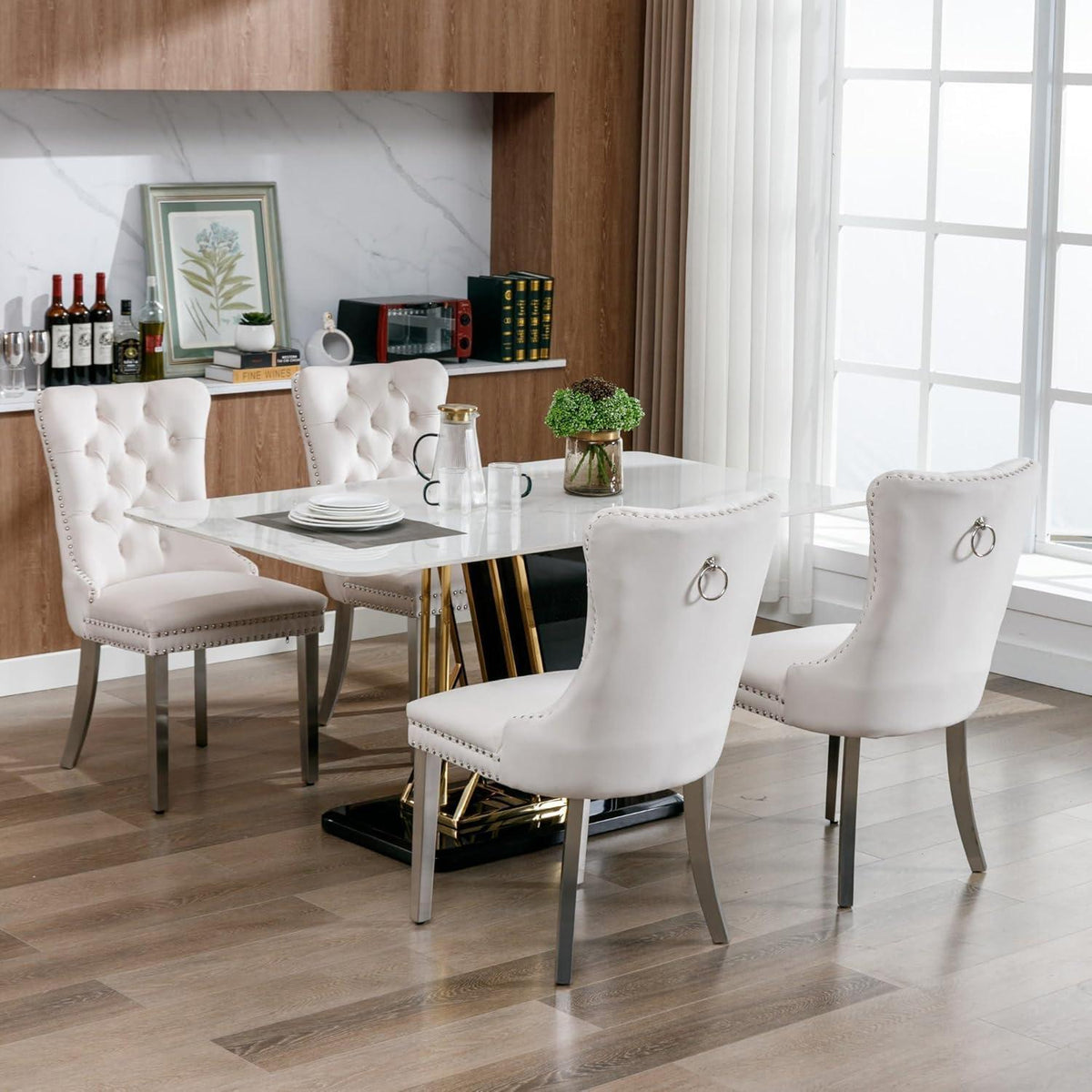 Esszimmerstühle 6er Set, Samt & Chrom, Beige