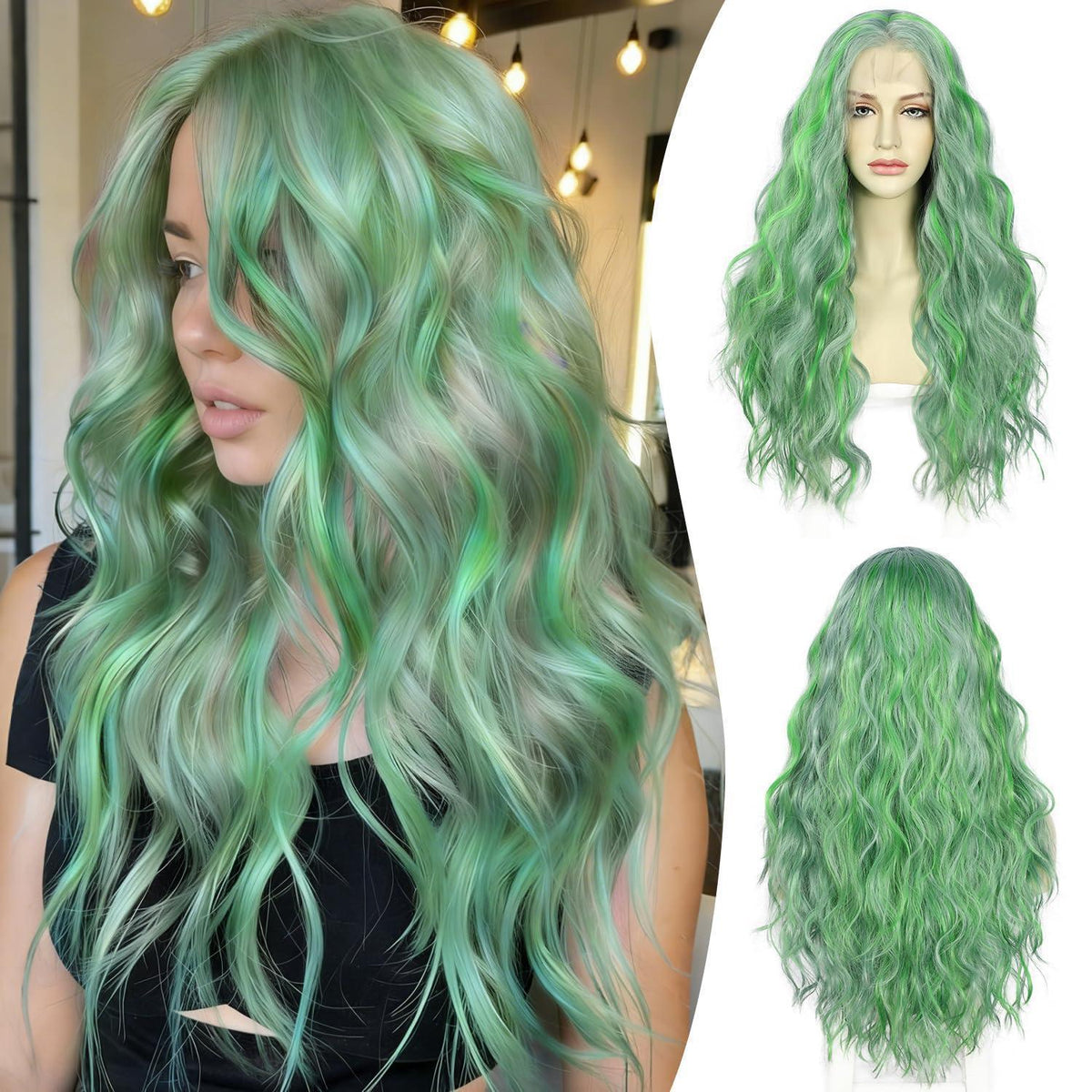 Grüne Wellige Lace Front Perücke – 24 Zoll Synthetik Perücke