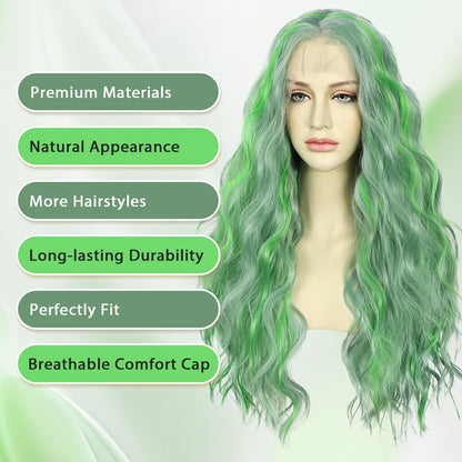 Grüne Wellige Lace Front Perücke – 24 Zoll Synthetik Perücke