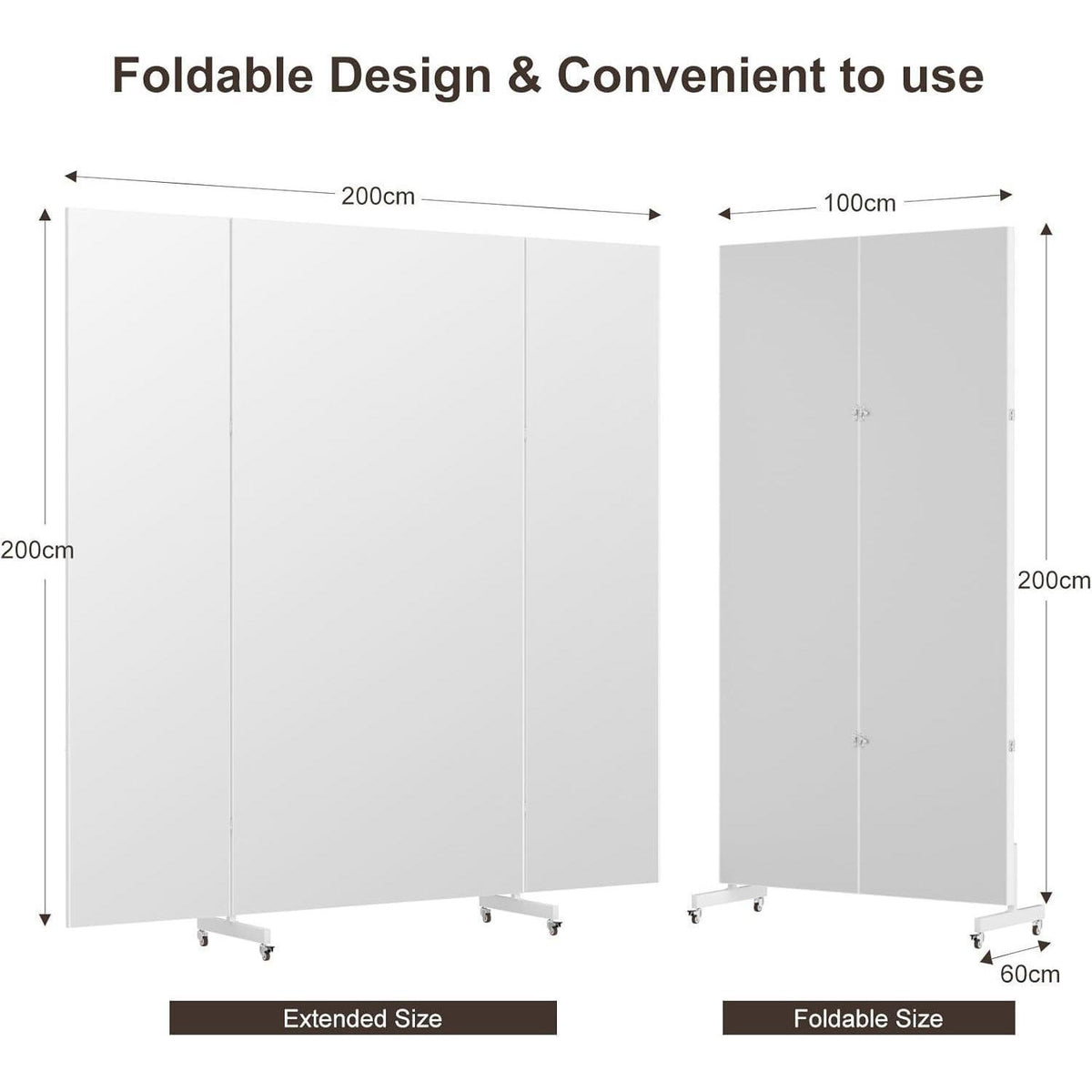 3-Fach Faltbarer Ganzkörperspiegel 210x200cm – Weiß, Standspiegel mit Rollen