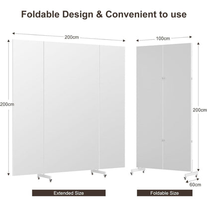 3-Fach Faltbarer Ganzkörperspiegel 210x200cm – Weiß, Standspiegel mit Rollen