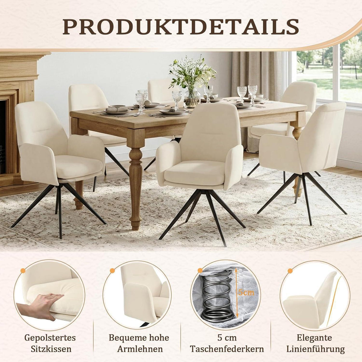 Drehbarer Esszimmerstuhl 2er Set mit Armlehnen, Cremeweiß