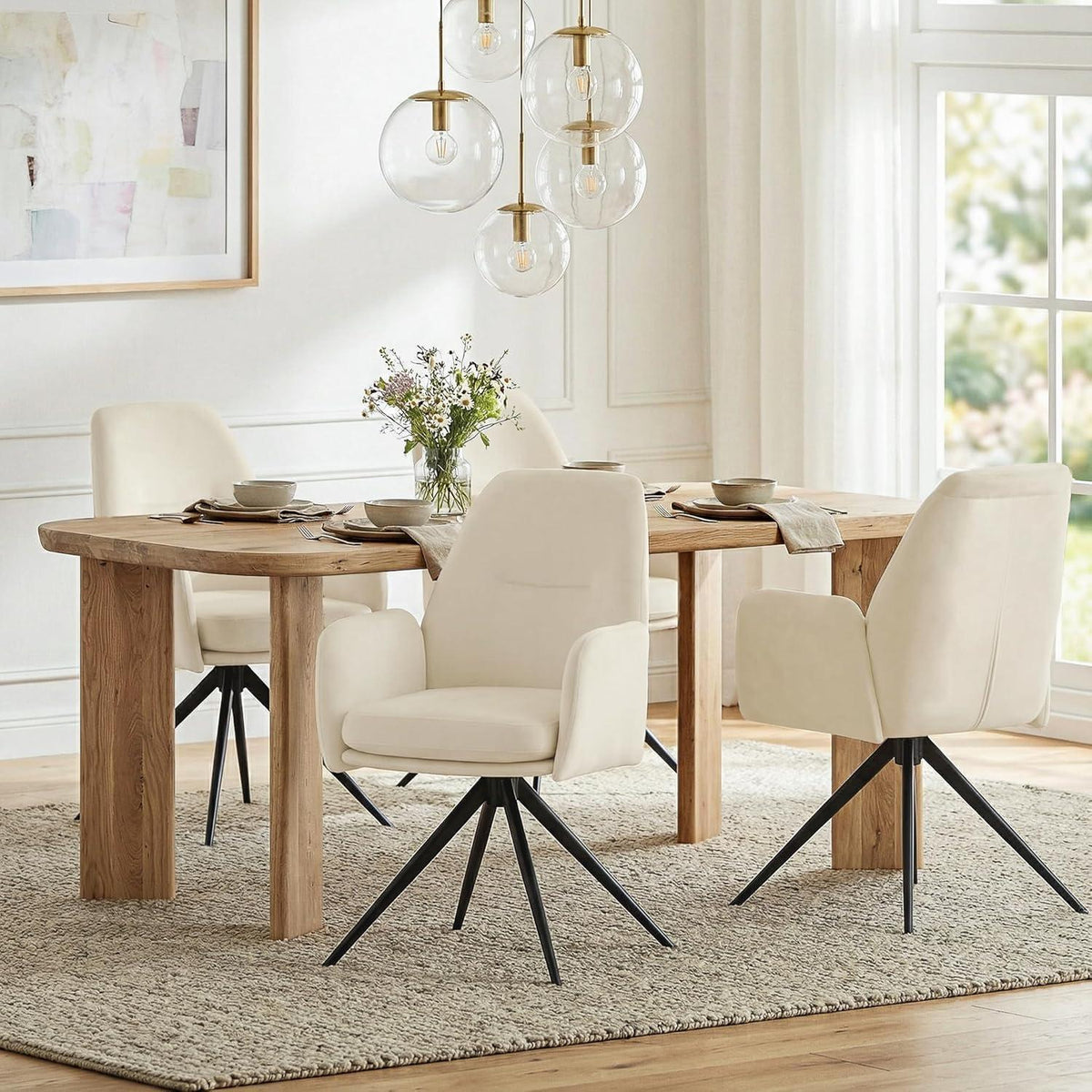 Drehstuhl Esszimmer 6er Set, Samt, Cremeweiß