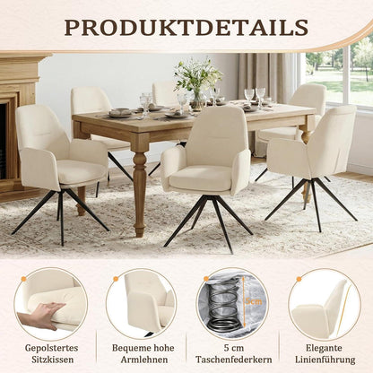 Drehstuhl Esszimmer 6er Set, Samt, Cremeweiß