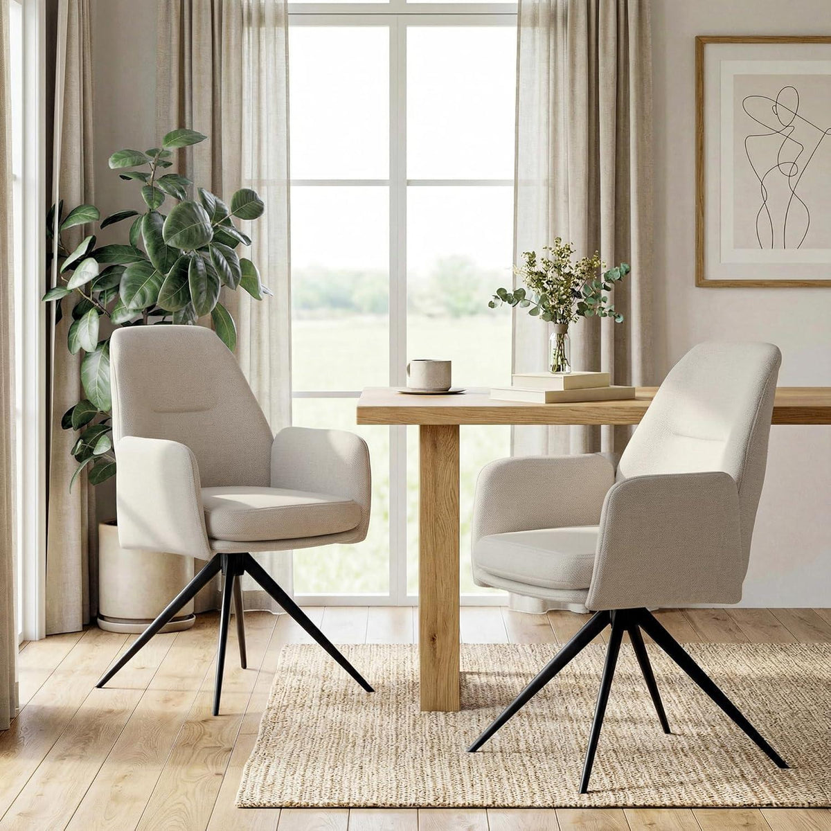 Drehbarer Esszimmerstuhl mit Armlehnen – Beige, 360° & Hochlehnig