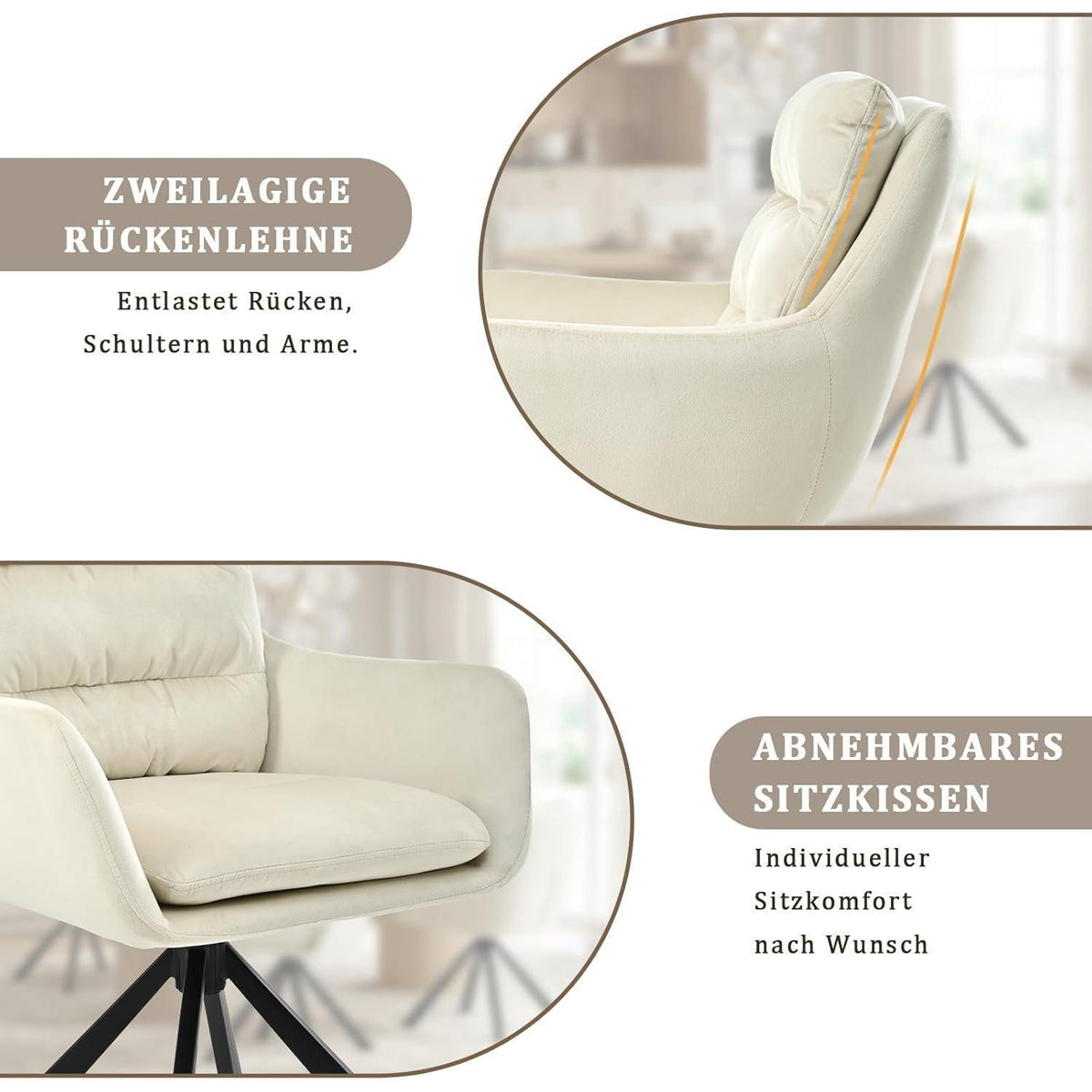 Drehbarer Esszimmerstuhl mit Armlehne – Cremeweiß
