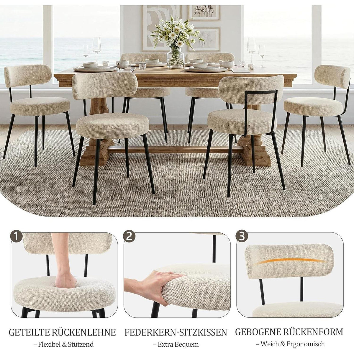 Esszimmerstühle 6er Set Bouclé Beige – Gepolsterte Küchenstühle
