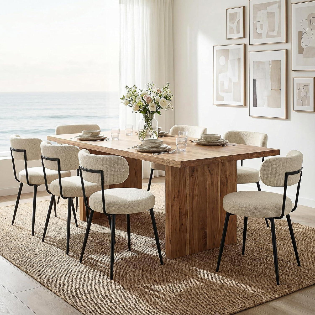 Esszimmerstühle 6er Set Bouclé Beige – Gepolsterte Küchenstühle