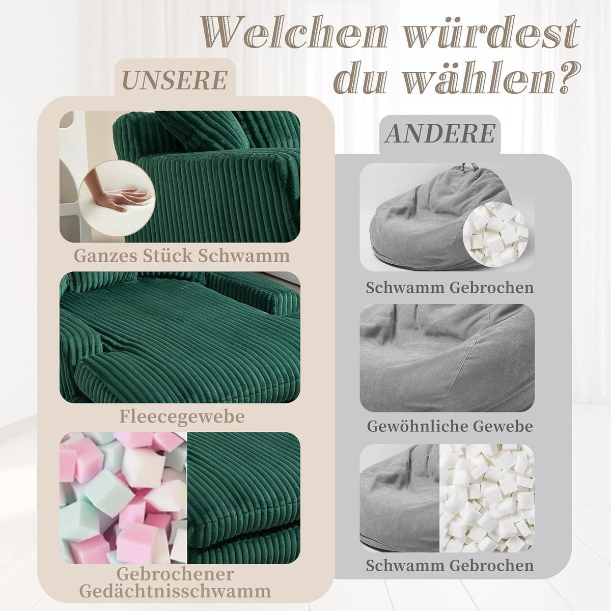 Cloud Sofa: Komfortables Cord Schlafsofa Smaragdgrün