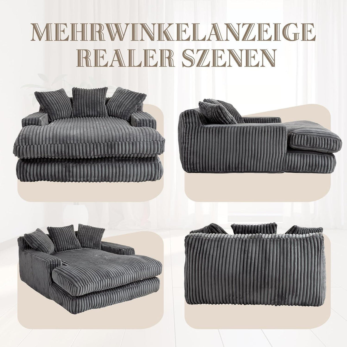 Cloud Sofa: Dunkelgraues Cord Schlafsofa mit Kissen & Komfort
