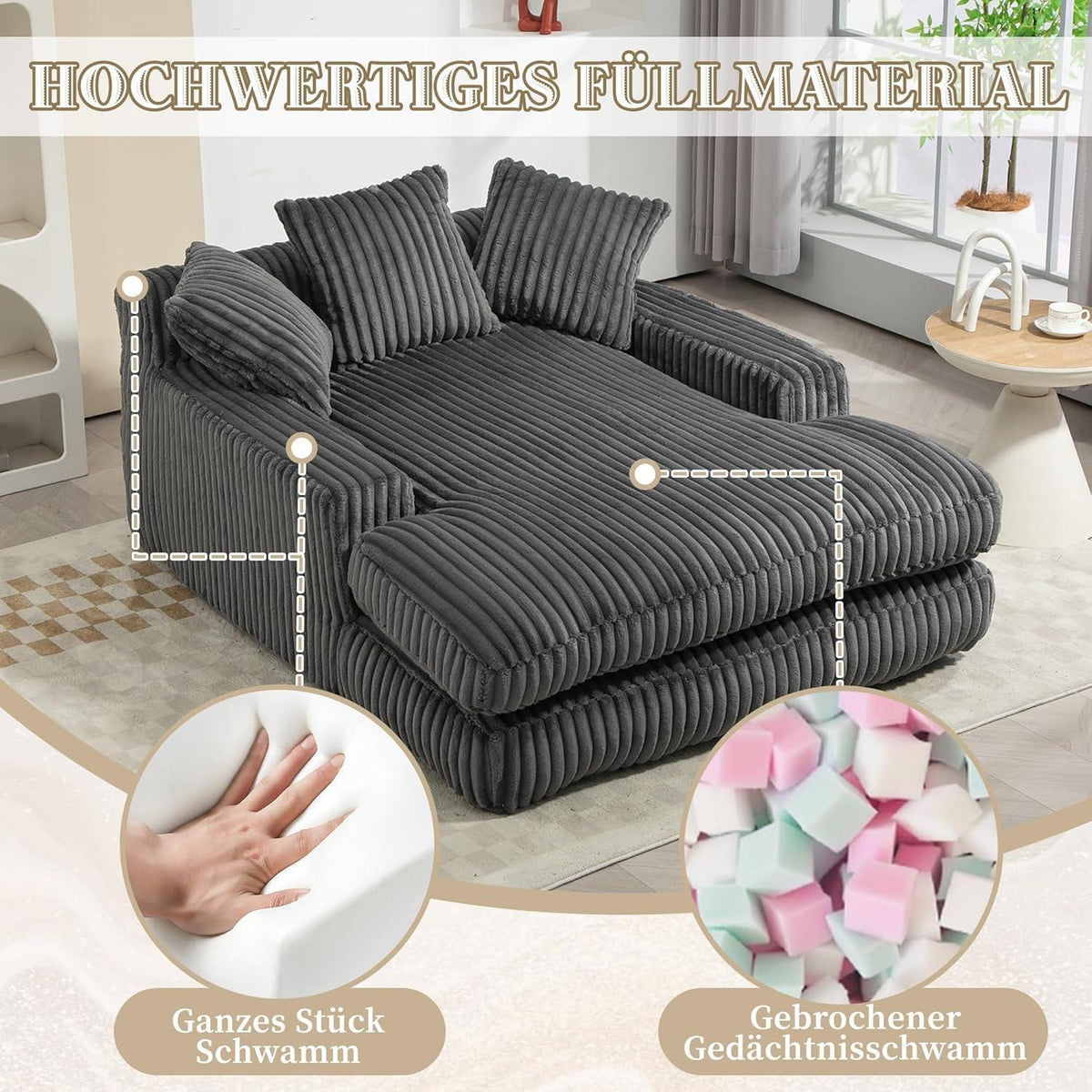 Cloud Sofa: Dunkelgraues Cord Schlafsofa mit Kissen & Komfort