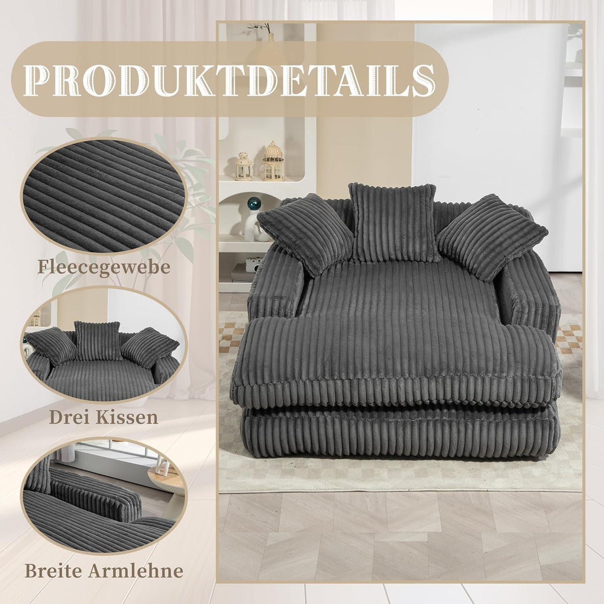 Cloud Sofa: Dunkelgraues Cord Schlafsofa mit Kissen & Komfort