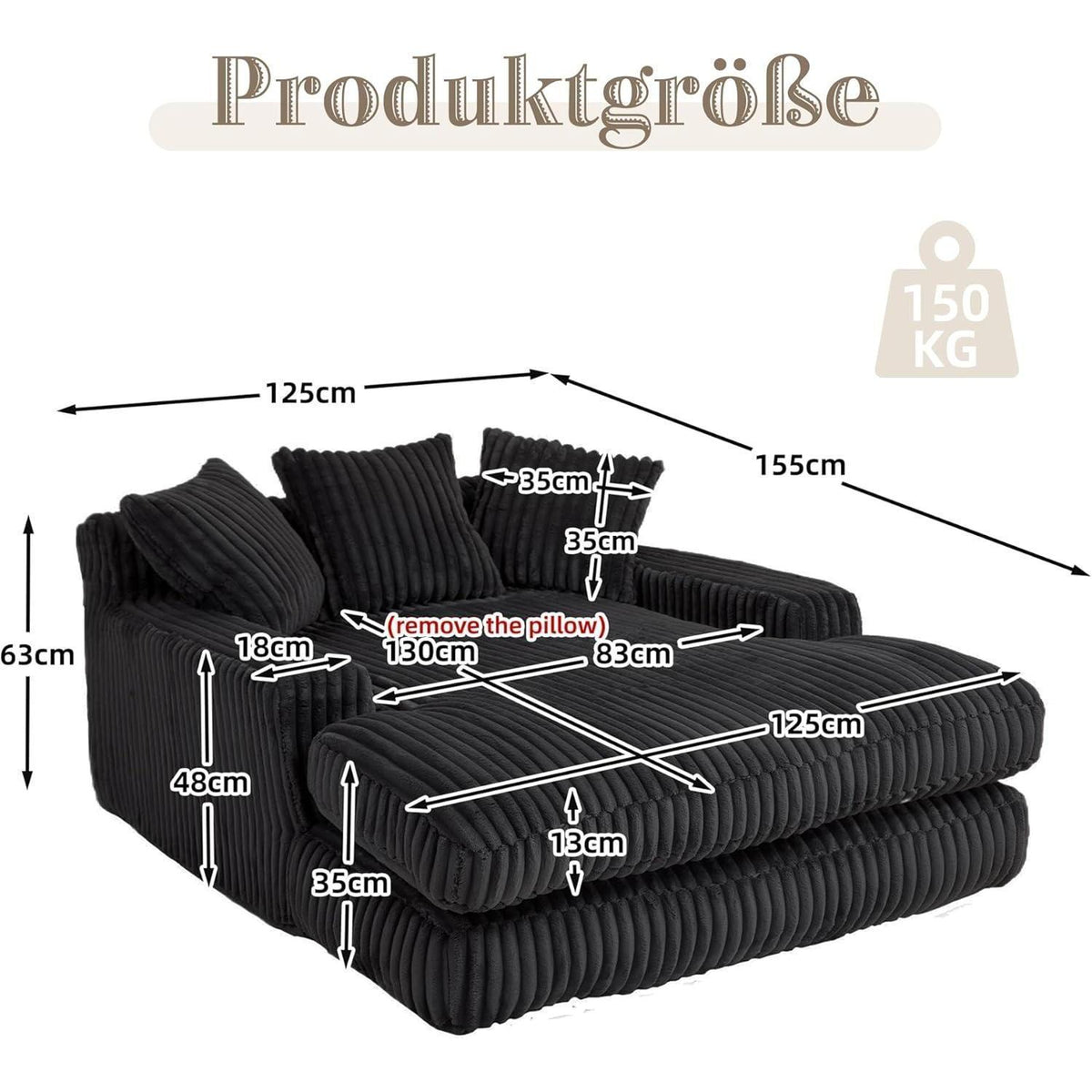 Schwarz Cord Schlafsofa mit Kissen – Komfortabler Entspannungskomfort