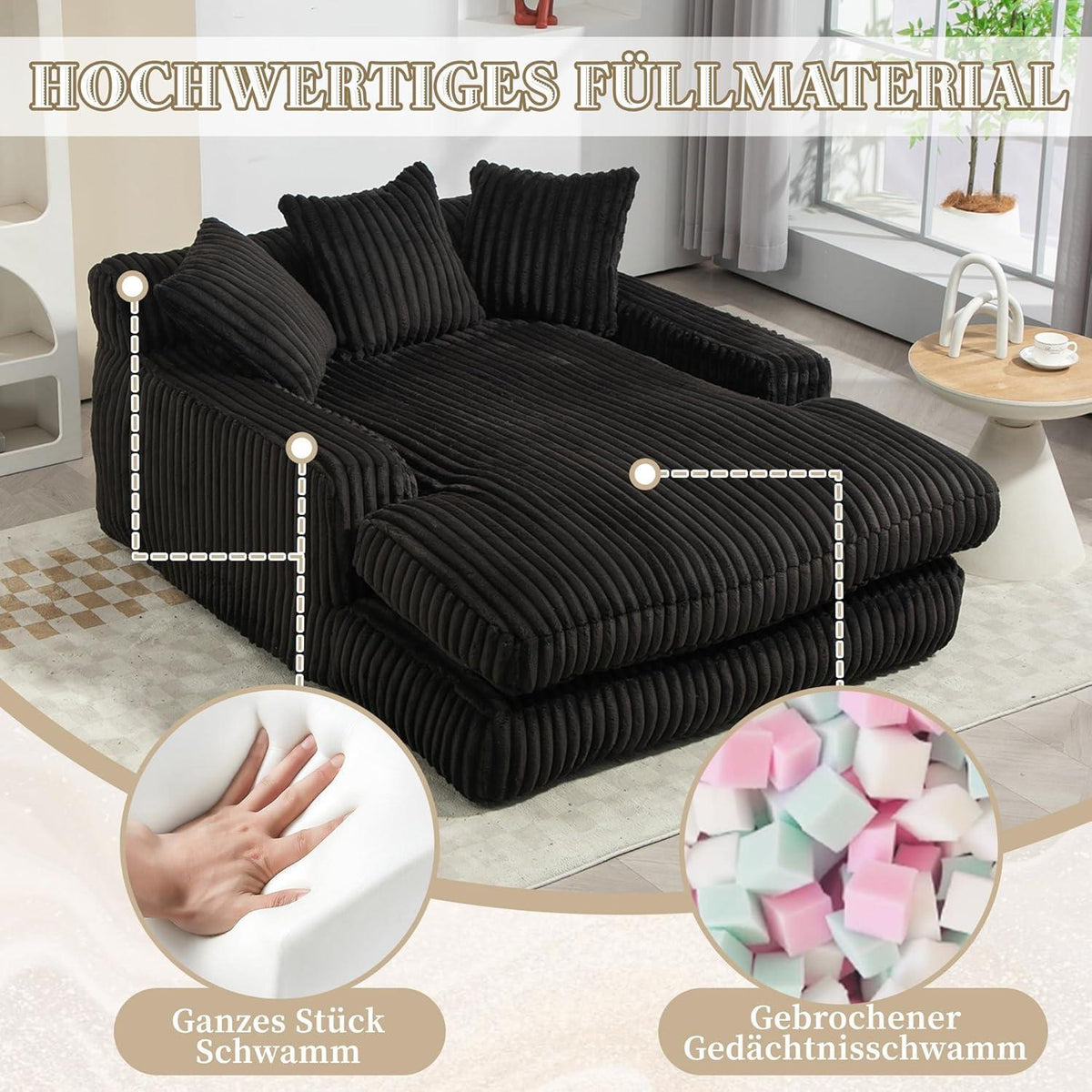 Schwarz Cord Schlafsofa mit Kissen – Komfortabler Entspannungskomfort