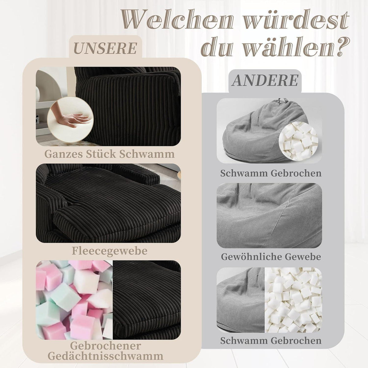Schwarz Cord Schlafsofa mit Kissen – Komfortabler Entspannungskomfort